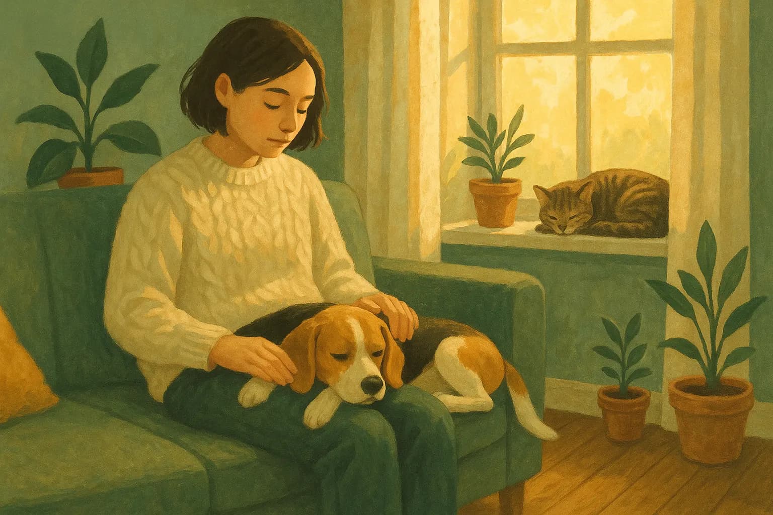 A person on a sofa by a sunny window with a beagle asleep on their lap and a cat on the windowsill